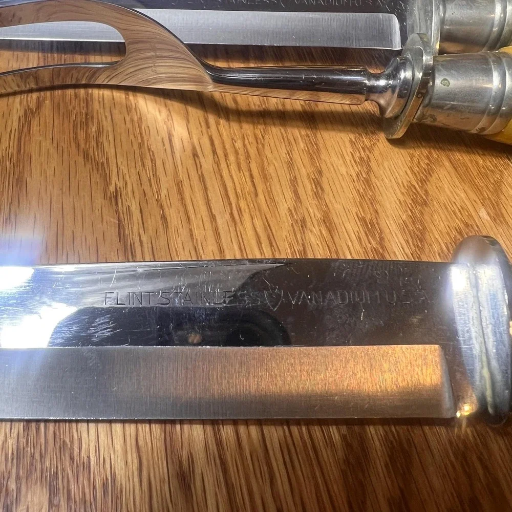 VTG Flint Stainless Vanadium USA Carving Set Faux Stag Handles Sharpener w case